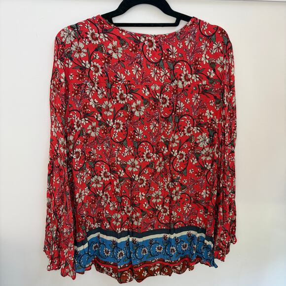 Vintage America Blues Floral Boho Red Flow Blouse Large Bell Sleeve Prairie - Picture 5 of 7